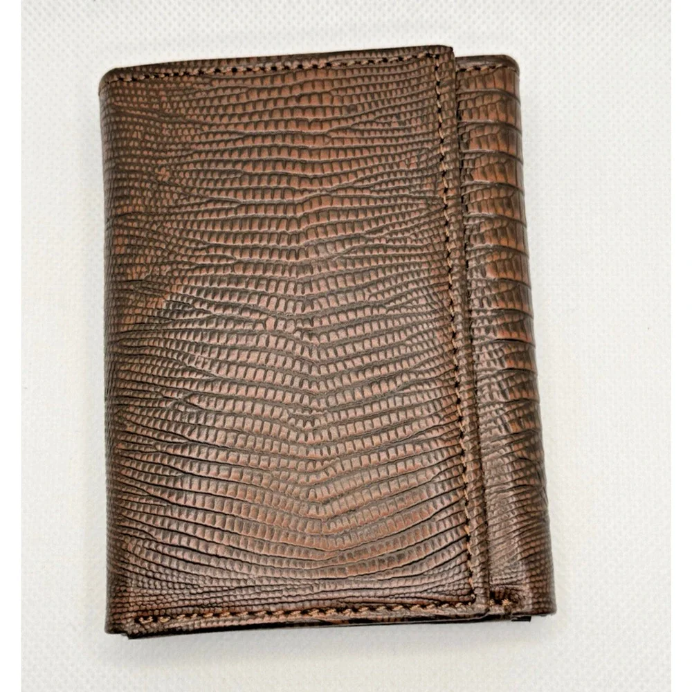 Ranger Belt Co Mens Brown Lizard Embossed Leather Trifold Wallet NIB Deadstock